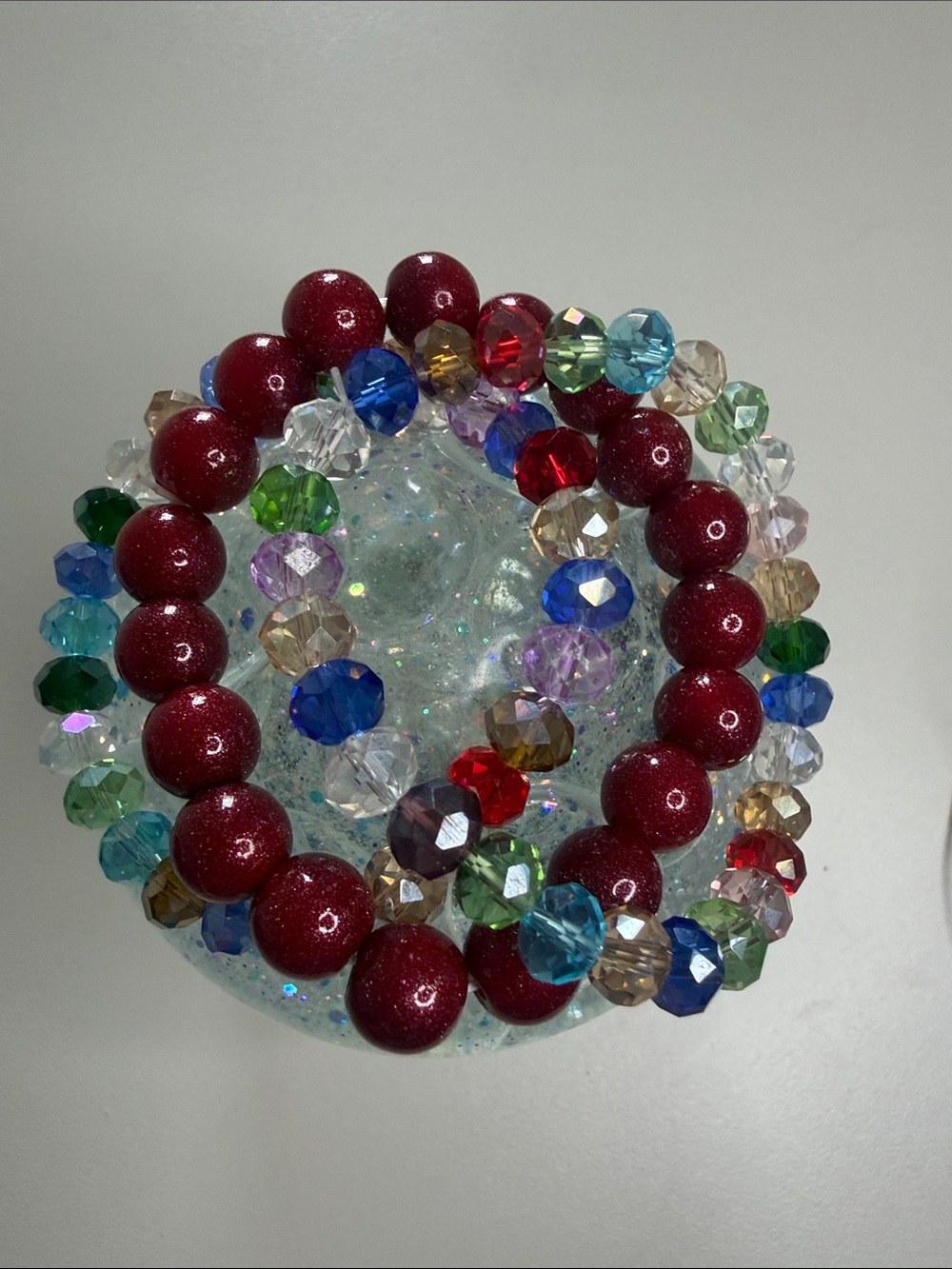Multi-Color Crystal & Burgundy Bead Stretch Bracelet Set